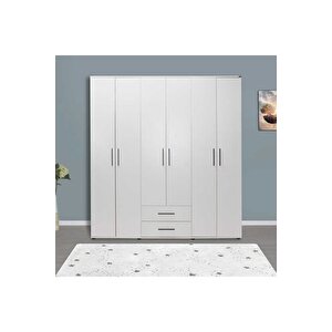 White 6 Kapaklı 2 Çekmeceli Gardırop-mat Beyaz 206x213x52 Cm (gxyxd)