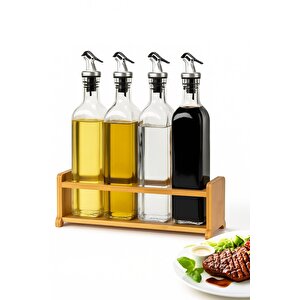 Cam Zeytinyağı Ve Sirke Şişesi Seti Doğa Ahşap Tutucu 250ml Sızdırmaz Kapaklı Sos Yağdanlık Set Standlı 4'lü Set
