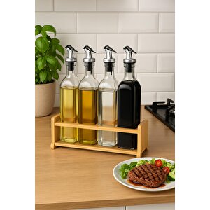 Cam Zeytinyağı Ve Sirke Şişesi Seti Doğa Ahşap Tutucu 250ml Sızdırmaz Kapaklı Sos Yağdanlık Set Standlı 4'lü Set