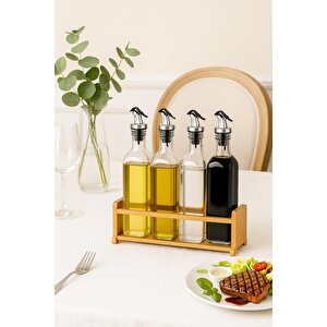 Cam Zeytinyağı Ve Sirke Şişesi Seti Doğa Ahşap Tutucu 250ml Sızdırmaz Kapaklı Sos Yağdanlık Set Standlı 4'lü Set