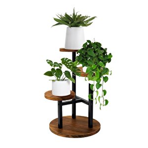 Çiçeklik 3 Raflı Saksılık Dekoratif 3 Raflı Çiçeklik Metal Doğal Ahşap Saksılık Çiçek Rafı Daire Model