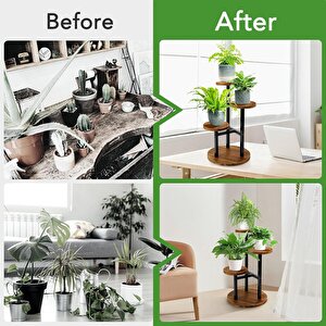 Çiçeklik 3 Raflı Saksılık Dekoratif 3 Raflı Çiçeklik Metal Doğal Ahşap Saksılık Çiçek Rafı Daire Model