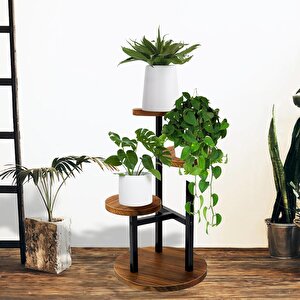 Çiçeklik 3 Raflı Saksılık Dekoratif 3 Raflı Çiçeklik Metal Doğal Ahşap Saksılık Çiçek Rafı Daire Model