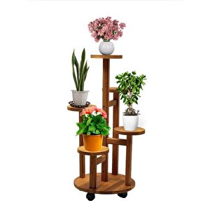 Tekerlekli Çiçeklik 5 Raflı Saksılık Dekoratif 5 Raflı Çiçeklik Doğal Ahşap Saksılık Çiçek Rafı Daire Model
