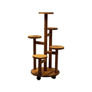 Tekerlekli Çiçeklik 5 Raflı Saksılık Dekoratif 5 Raflı Çiçeklik Doğal Ahşap Saksılık Çiçek Rafı Daire Model