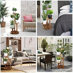Tekerlekli Çiçeklik 5 Raflı Saksılık Dekoratif 5 Raflı Çiçeklik Doğal Ahşap Saksılık Çiçek Rafı Daire Model