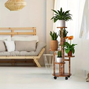 Tekerlekli Çiçeklik 5 Raflı Saksılık Dekoratif 5 Raflı Çiçeklik Doğal Ahşap Saksılık Çiçek Rafı Daire Model
