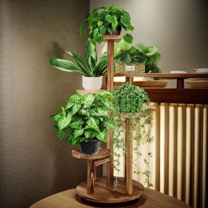 Tekerlekli Çiçeklik 5 Raflı Saksılık Dekoratif 5 Raflı Çiçeklik Doğal Ahşap Saksılık Çiçek Rafı Daire Model