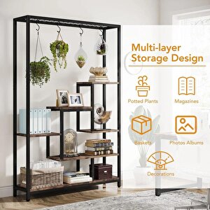 Metal Ahşap Çiçeklik Rafı, Metal Kitaplık, Ev Dekorasyon Rafı, Mutfak Rafı, Doğal Ahşap Raf
