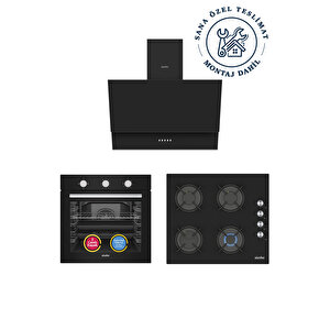 ✨simfer 3'lü Ankastre Set - 4 Fonksiyon Ankastre Fırın + Siyah Cam Ocak + Push Button Siyah Cam Davlumbaz