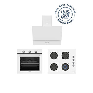 ✨simfer 3'lü Ankastre Set - 4 Fonksiyon Ankastre Fırın + Beyaz Cam Ocak + Push Button Beyaz Cam Davlumbaz
