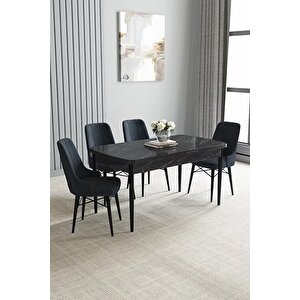 Loft Siyah Mermer 80x132 Açılabilir Mdf Masa Yemek Odası Takımı, Mutfak Takımı 4 Adet Sandalye Antrasit