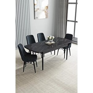 Loft Siyah Mermer 80x132 Açılabilir Mdf Masa Yemek Odası Takımı, Mutfak Takımı 4 Adet Sandalye Antrasit