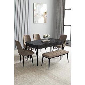 Loft Siyah Mermer 80x132 Açılabilir Mdf Masa Yemek Odası Takımı, Mutfak Takımı 4 Sandalye, 1 Bench Cappuccino