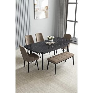 Loft Siyah Mermer 80x132 Açılabilir Mdf Masa Yemek Odası Takımı, Mutfak Takımı 4 Sandalye, 1 Bench Cappuccino