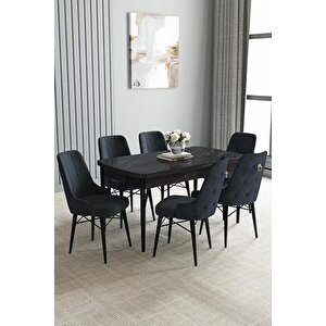 Loft Siyah Mermer 80x132 Açılabilir Mdf Masa Yemek Odası Takımı, Mutfak Takımı 6 Sandalye Antrasit