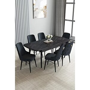 Loft Siyah Mermer 80x132 Açılabilir Mdf Masa Yemek Odası Takımı, Mutfak Takımı 6 Sandalye Antrasit