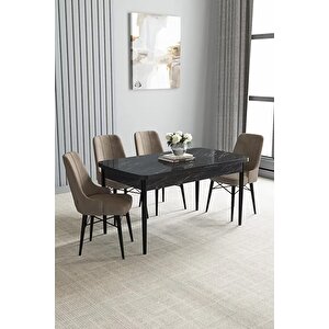 Loft Siyah Mermer 80x132 Açılabilir Mdf Masa Yemek Odası Takımı, Mutfak Takımı 4 Adet Sandalye Cappuccino