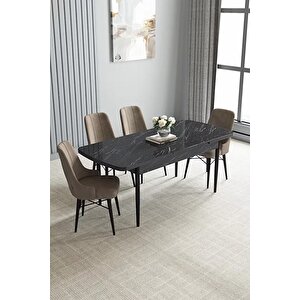 Loft Siyah Mermer 80x132 Açılabilir Mdf Masa Yemek Odası Takımı, Mutfak Takımı 4 Adet Sandalye Cappuccino