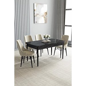 Loft Siyah Mermer 80x132 Açılabilir Mdf Masa Yemek Odası Takımı, Mutfak Takımı 4 Adet Sandalye Krem