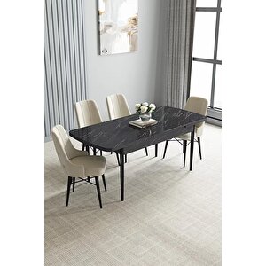 Loft Siyah Mermer 80x132 Açılabilir Mdf Masa Yemek Odası Takımı, Mutfak Takımı 4 Adet Sandalye Krem