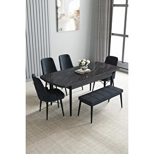 Loft Siyah Mermer 80x132 Açılabilir Mdf Masa Yemek Odası Takımı, Mutfak Takımı 4 Sandalye, 1 Bench Antrasit
