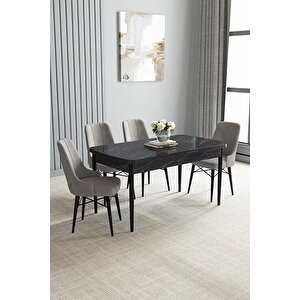 Loft Siyah Mermer 80x132 Açılabilir Mdf Masa Yemek Odası Takımı, Mutfak Takımı 4 Adet Sandalye Gri