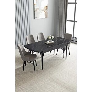 Loft Siyah Mermer 80x132 Açılabilir Mdf Masa Yemek Odası Takımı, Mutfak Takımı 4 Adet Sandalye Gri