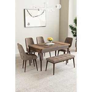 Mabel Barok Desen 80x132 Açılabilir Yemek Odası Takımı 4 Sandalye, 1 Bench Cappuccino