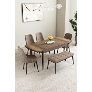 Mabel Barok Desen 80x132 Açılabilir Yemek Odası Takımı 4 Sandalye, 1 Bench Cappuccino