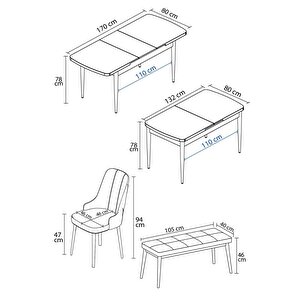 Mabel Barok Desen 80x132 Açılabilir Yemek Odası Takımı 4 Sandalye, 1 Bench