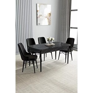 Loft Siyah Mermer 80x132 Açılabilir Mdf Masa Yemek Odası Takımı, Mutfak Takımı 4 Adet Sandalye Siyah