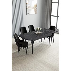 Loft Siyah Mermer 80x132 Açılabilir Mdf Masa Yemek Odası Takımı, Mutfak Takımı 4 Adet Sandalye Siyah