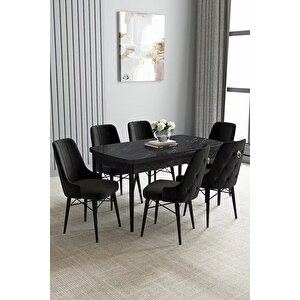 Loft Siyah Mermer 80x132 Açılabilir Mdf Masa Yemek Odası Takımı, Mutfak Takımı 6 Sandalye Siyah