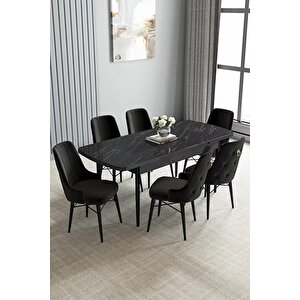 Loft Siyah Mermer 80x132 Açılabilir Mdf Masa Yemek Odası Takımı, Mutfak Takımı 6 Sandalye Siyah
