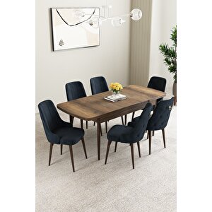 Mabel Barok Desen 80x132 Açılabilir Mdf Masa Yemek Odası Takımı, Mutfak Takımı 6 Adet Sandalye Antrasit