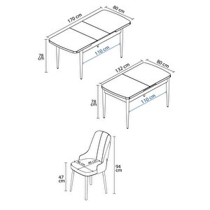 Mabel Barok Desen 80x132 Açılabilir Mdf Masa Yemek Odası Takımı, Mutfak Takımı 6 Adet Sandalye
