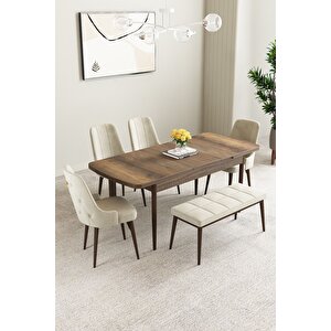 Mabel Barok Desen 80x132 Açılabilir Yemek Odası Takımı 4 Sandalye, 1 Bench Krem
