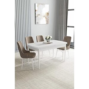 Loft Beyaz 80x132 Açılabilir Mdf Masa Yemek Odası Takımı, Mutfak Takımı 4 Adet Sandalye Cappuccino