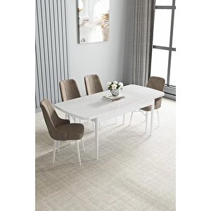 Loft Beyaz 80x132 Açılabilir Mdf Masa Yemek Odası Takımı, Mutfak Takımı 4 Adet Sandalye Cappuccino