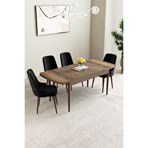 Mabel Barok Desen 80x132 Açılabilir Mdf Masa Yemek Odası Takımı, Mutfak Takımı 4 Adet Sandalye Siyah