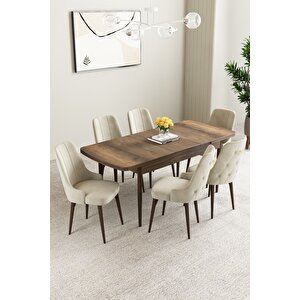 Mabel Barok Desen 80x132 Açılabilir Mdf Masa Yemek Odası Takımı, Mutfak Takımı 6 Adet Sandalye Krem