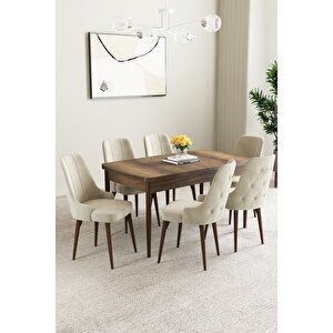 Mabel Barok Desen 80x132 Açılabilir Mdf Masa Yemek Odası Takımı, Mutfak Takımı 6 Adet Sandalye Krem