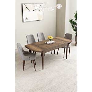 Mabel Barok Desen 80x132 Açılabilir Mdf Masa Yemek Odası Takımı, Mutfak Takımı 4 Adet Sandalye Gri