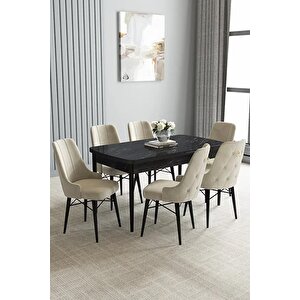 Loft Siyah Mermer 80x132 Açılabilir Mdf Masa Yemek Odası Takımı, Mutfak Takımı 6 Sandalye Krem