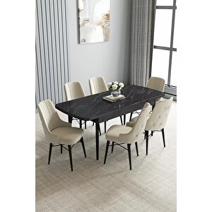 Loft Siyah Mermer 80x132 Açılabilir Mdf Masa Yemek Odası Takımı, Mutfak Takımı 6 Sandalye Krem