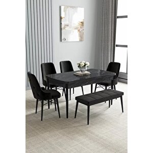 Loft Siyah Mermer 80x132 Açılabilir Mdf Masa Yemek Odası Takımı, Mutfak Takımı 4 Sandalye, 1 Bench Siyah