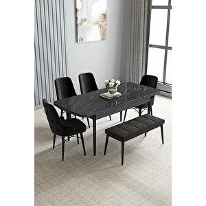 Loft Siyah Mermer 80x132 Açılabilir Mdf Masa Yemek Odası Takımı, Mutfak Takımı 4 Sandalye, 1 Bench Siyah