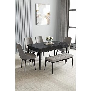 Loft Siyah Mermer 80x132 Açılabilir Mdf Masa Yemek Odası Takımı, Mutfak Takımı 4 Sandalye, 1 Bench Gri