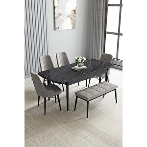 Loft Siyah Mermer 80x132 Açılabilir Mdf Masa Yemek Odası Takımı, Mutfak Takımı 4 Sandalye, 1 Bench Gri